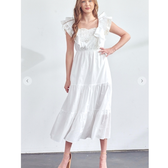 POLAGRAM White Embroidered Crochet Tiered Midi Dress - Picture 4 of 8